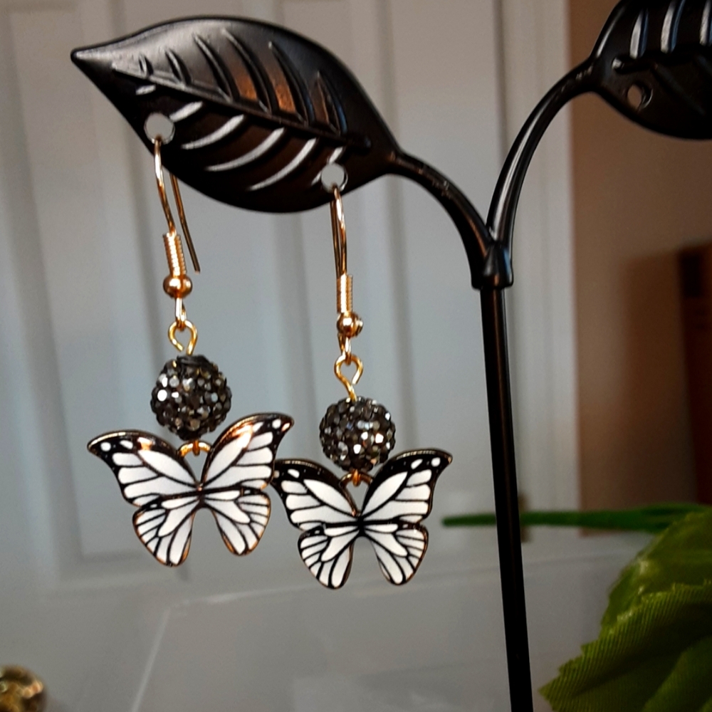 Handmade Butterfly Earrings White Black 1.5" Long
